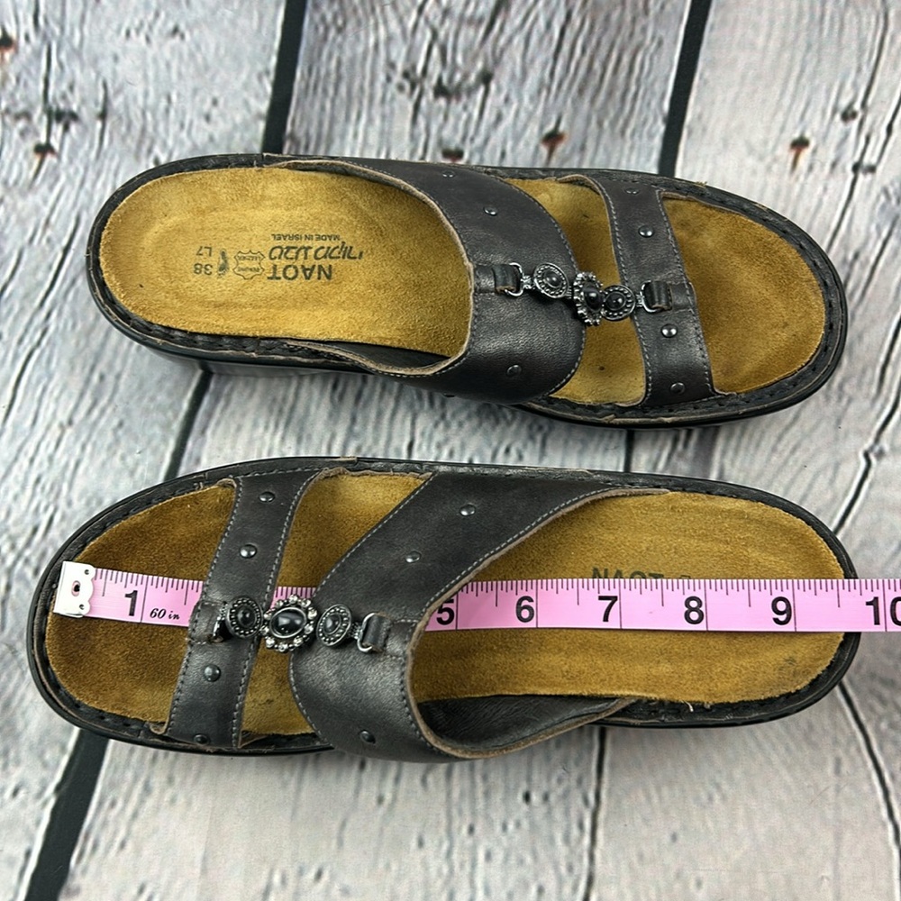 NAOT Deep Metallic Pewter Leather Jeweled Open Toe Slip On Low Wedge Sandals - Picture 9 of 17